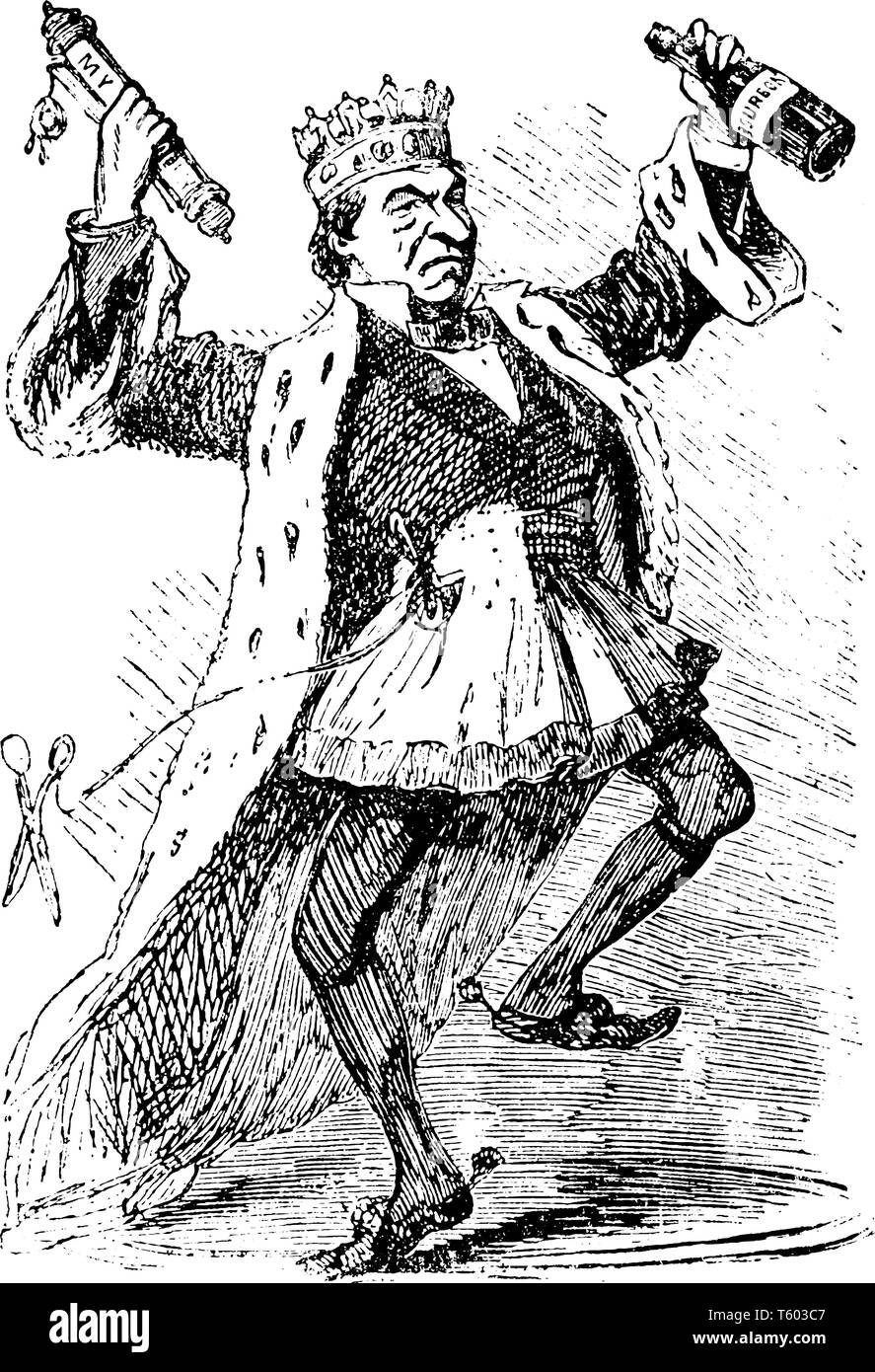 Un uomo con la corona sul capo azienda scorrimento della carta in una mano, vintage disegno della linea di incisione o illustrazione Illustrazione Vettoriale