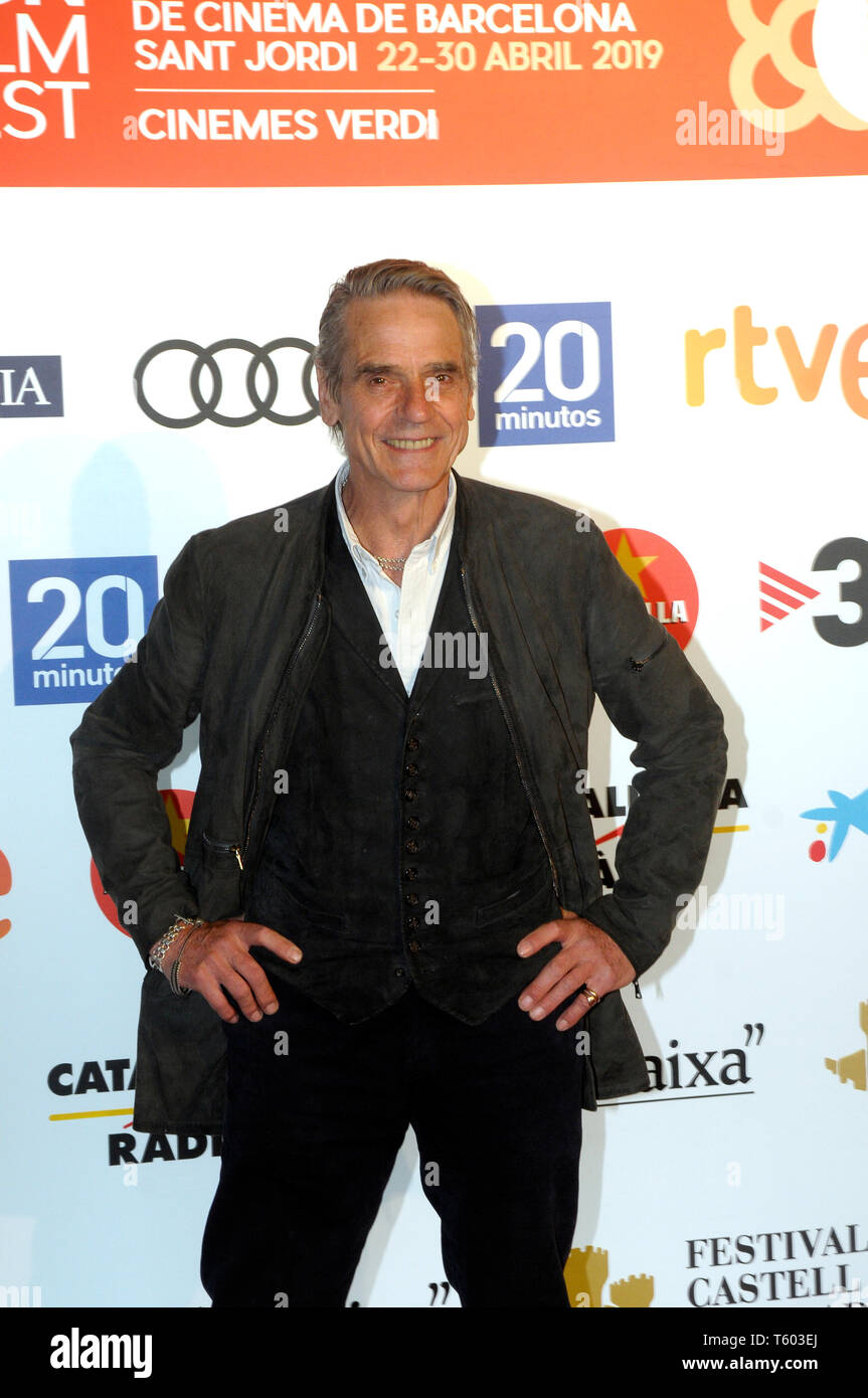 Barcellona, in Catalogna, Spagna. Il 28 aprile 2019. Attore Jeremy Irons, protagonista del documentario di pittori e re del Prado, diretto dal regista Foto Stock