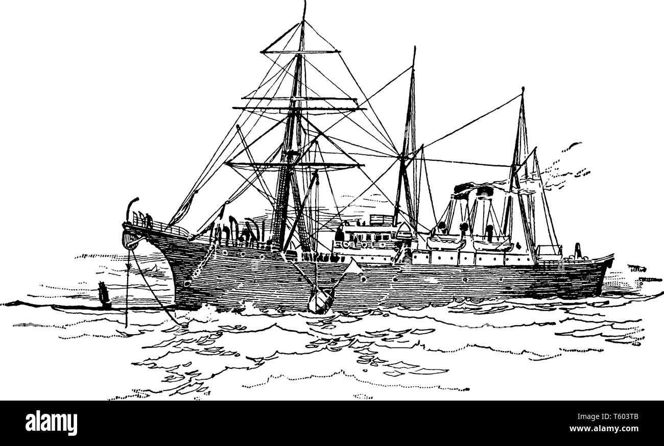 La gabbia di Faraday la posa del cavo Atlantico nave costruita dalla Siemens Brothers Company nel 1874, vintage disegno della linea di incisione o illustrazione. Illustrazione Vettoriale