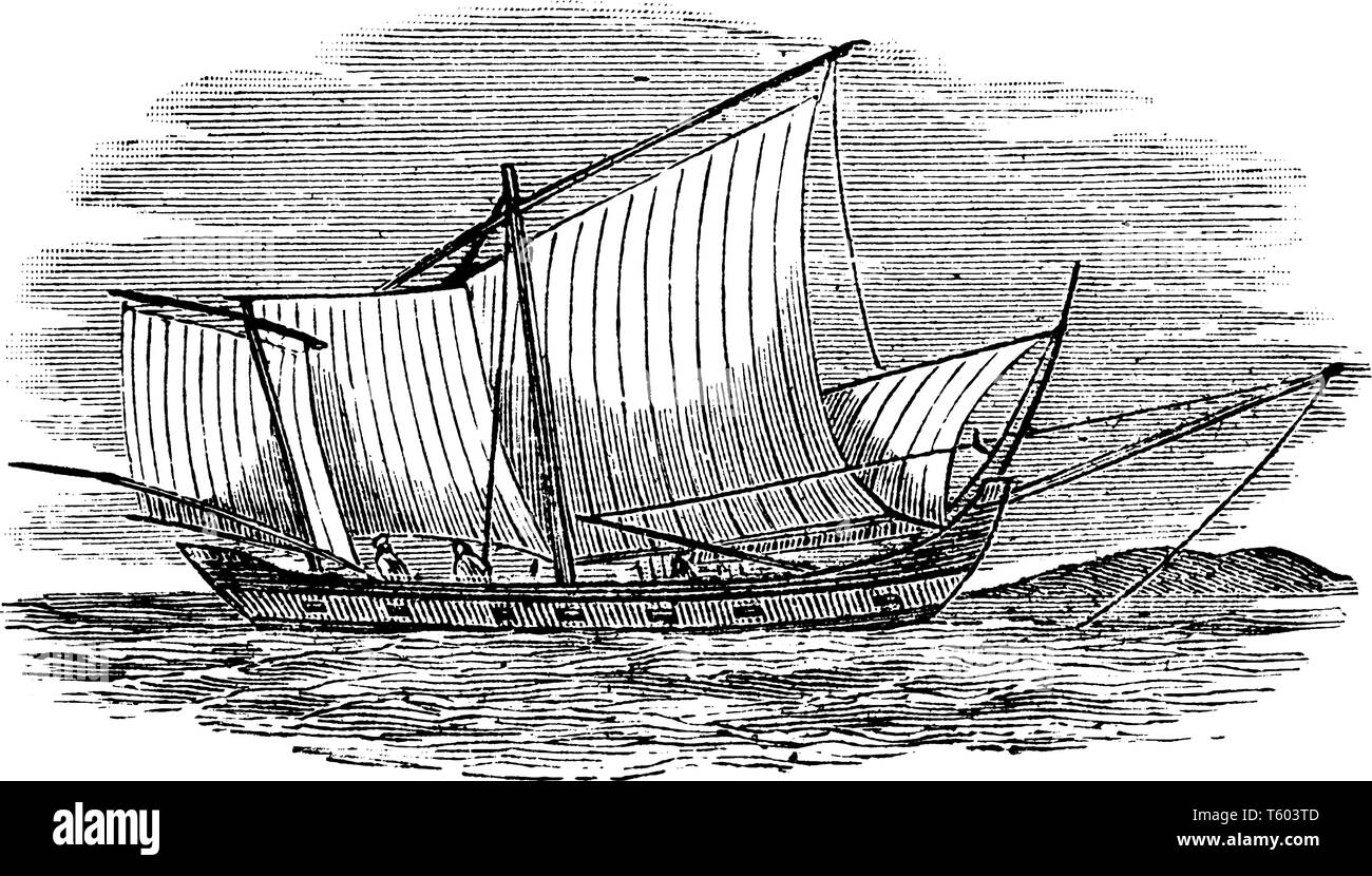 L'Annam che viene utilizzato restringere a fondo piatto in barca da pesca avente un buttafuori, vintage disegno della linea di incisione o illustrazione. Illustrazione Vettoriale