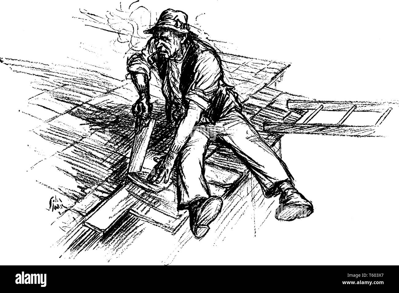 Un uomo su un tetto di segatura e fissa le assicelle, vintage disegno della linea di incisione o illustrazione Illustrazione Vettoriale
