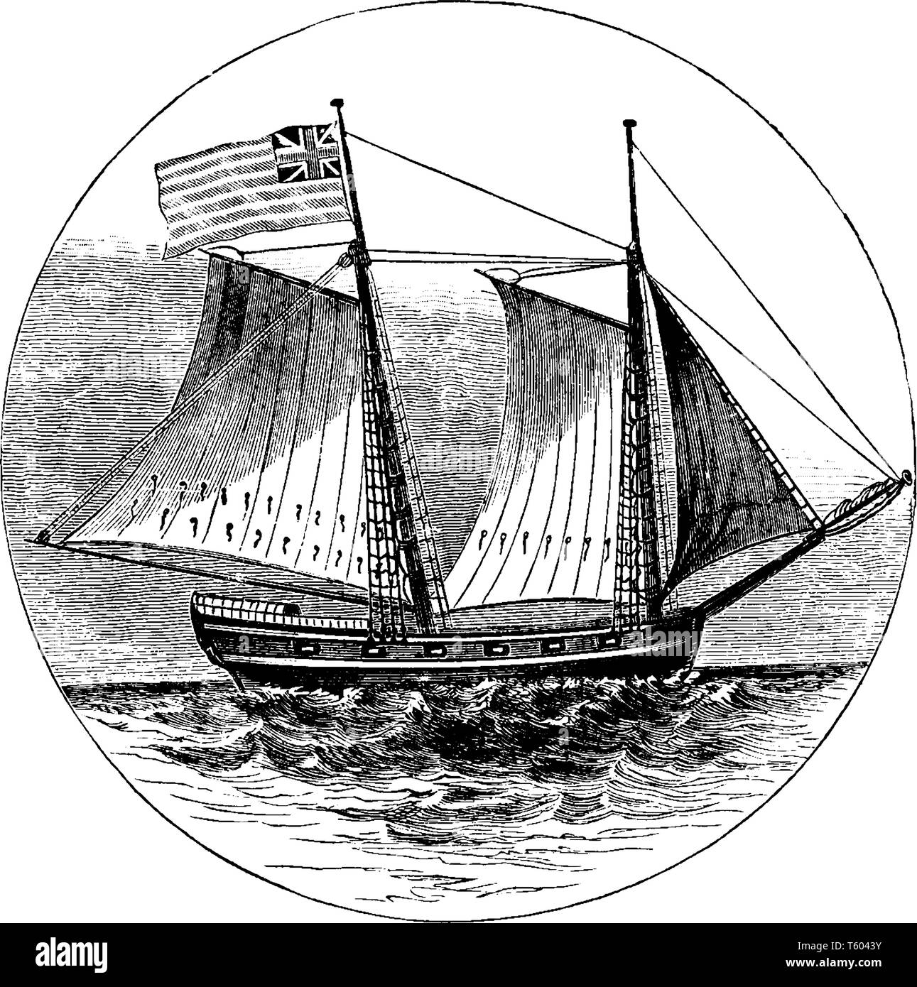 Il Royal Savage è un due masted schooner si è danneggiata ed è stata assorbita dalle forze americane sotto Richard Montgomery durante l'assedio di St Johns, linea vintage Illustrazione Vettoriale