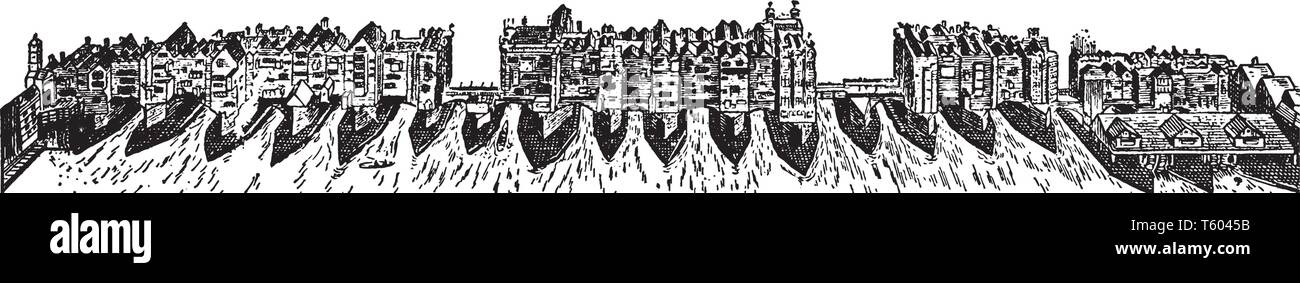 Il vecchio ponte di Londra è stato costruito nel 1830 e precedentemente attraversava il fiume Tamigi a Londra, vintage disegno della linea di incisione o illustrazione. Illustrazione Vettoriale