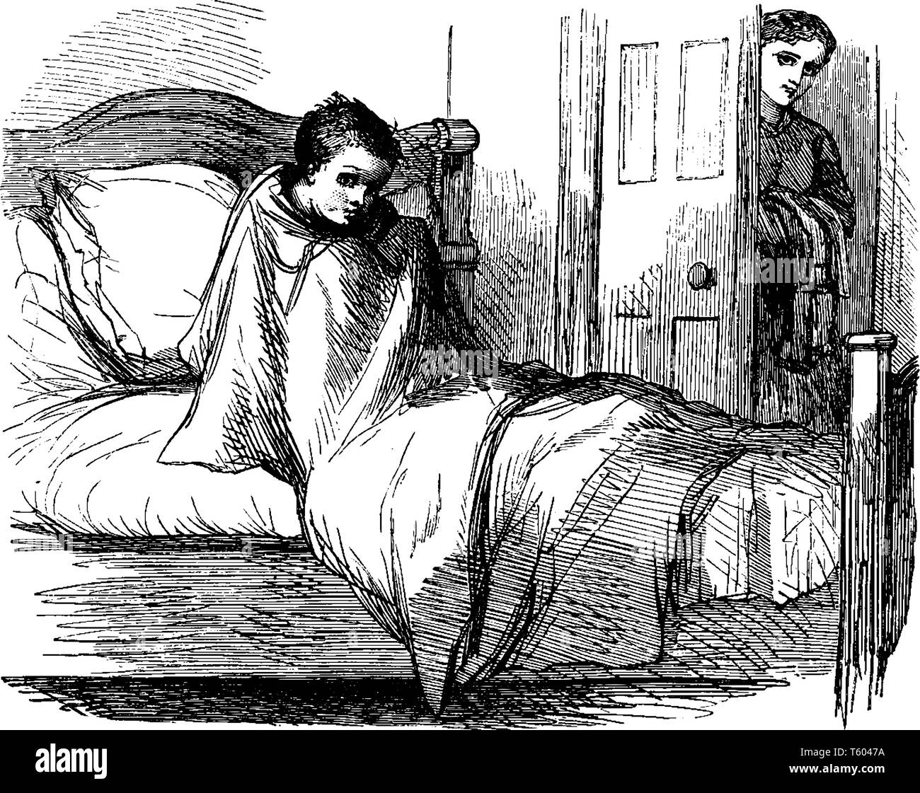 Un bambino seduto nel letto e la donna in piedi dietro la porta, vintage disegno della linea di incisione o illustrazione Illustrazione Vettoriale