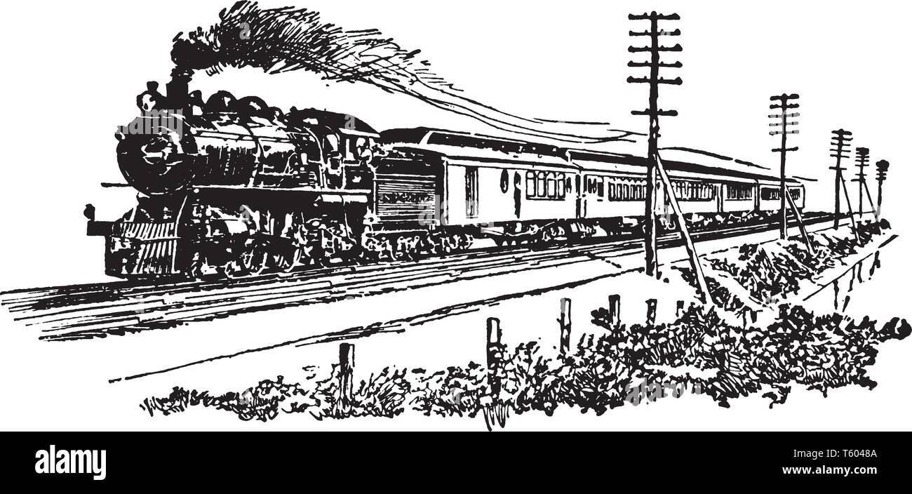 Xx secolo Flyer treno utilizzato per viaggio umano, vintage disegno della linea di incisione o illustrazione. Illustrazione Vettoriale