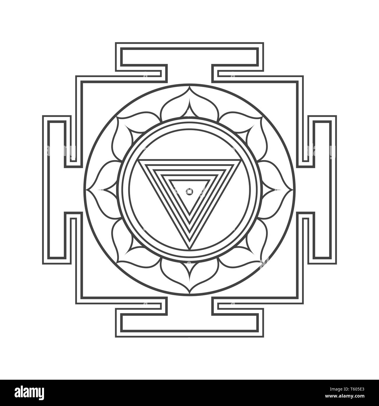 Il design del vettore nero monocromatico Maha Kali aspetto Yantra Dasa Mahavidya geometria sacra divina illustrazione mandala bhupura petali di loto bianco isolato Illustrazione Vettoriale