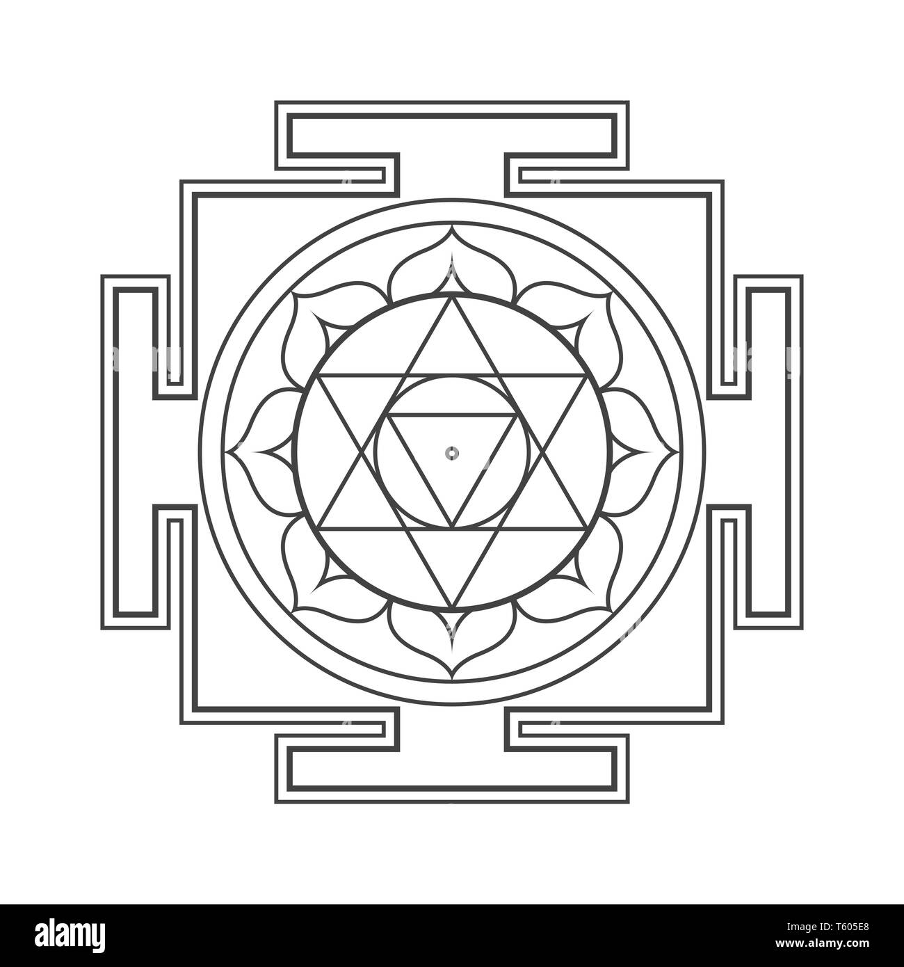 Il design del vettore nero monocromatico Sri Ram aspetto Yantra geometria sacra divina illustrazione mandala bhupura petali di loto isolato sfondo bianco Illustrazione Vettoriale