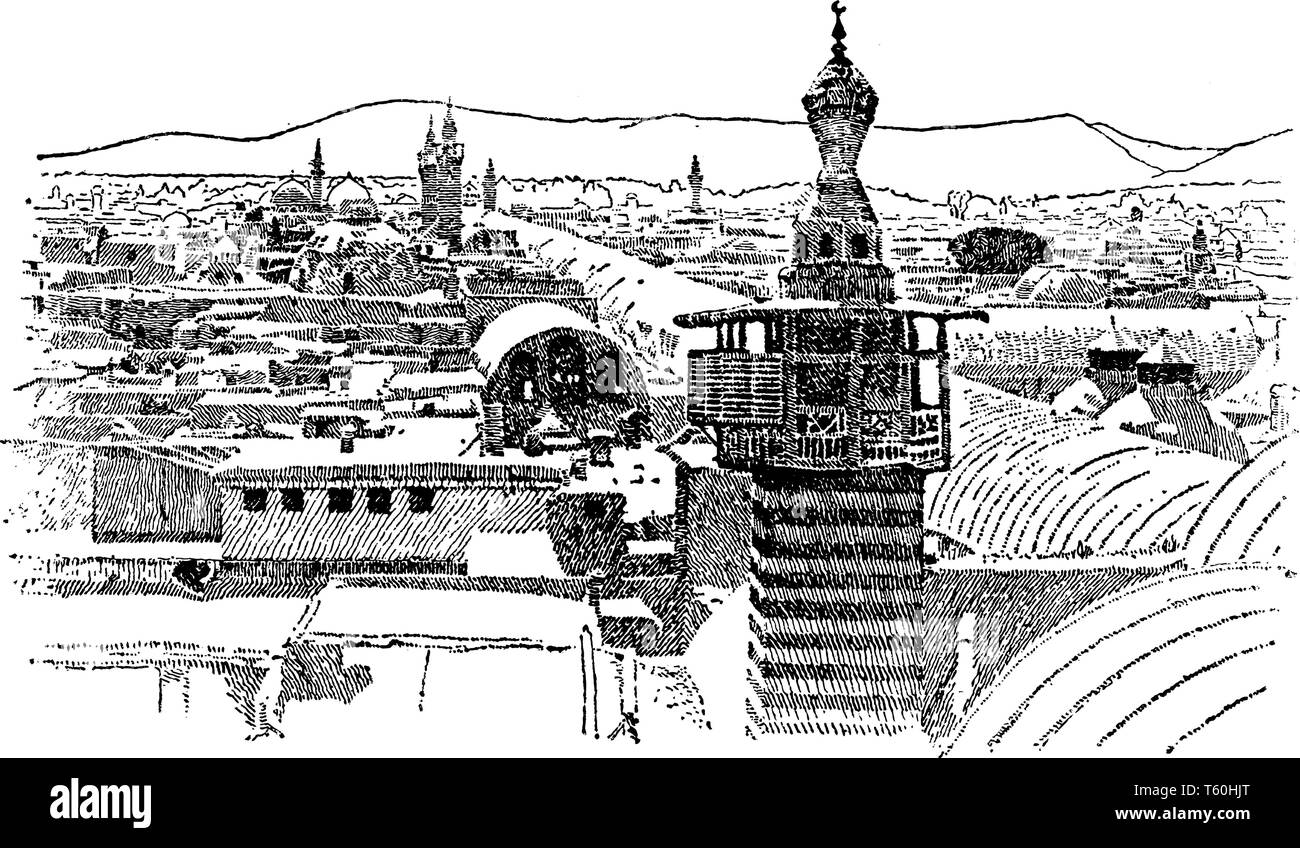 Damasco dove la strada chiamata Diritta può essere visto a partire dal primo piano a destra della foto e che si estende attraverso la città da est a ovest, Illustrazione Vettoriale