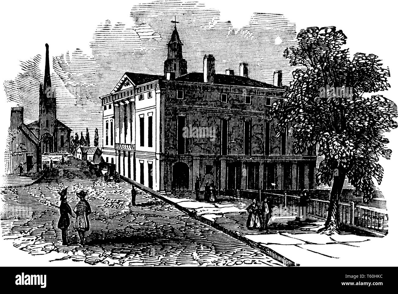 Federal Hall si trova a 26 Wall Street nella città di New York è stata la prima capitale degli Stati Uniti d'America, vintage disegno della linea o incisione illus Illustrazione Vettoriale