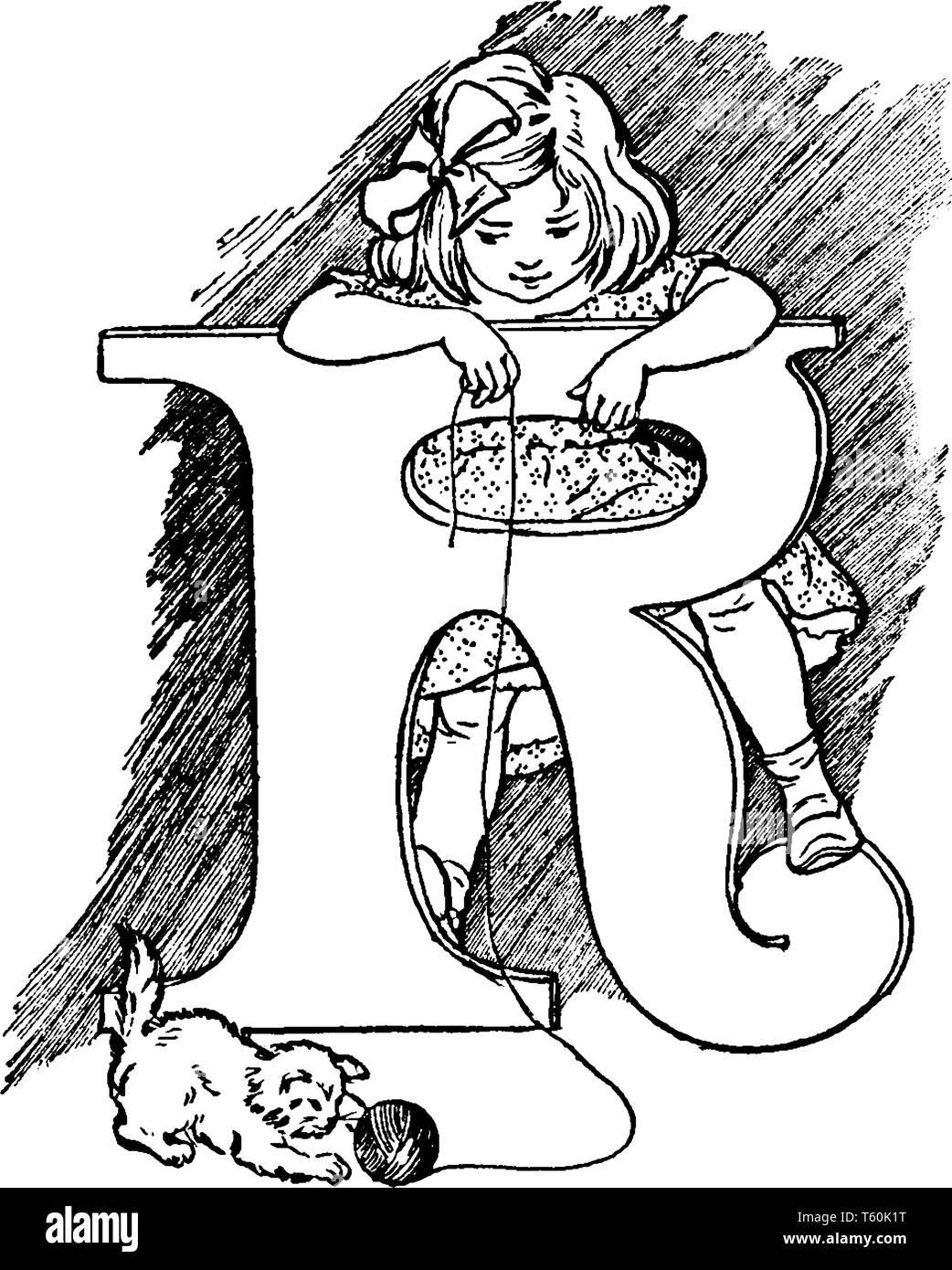 Un ornamento decorativo e la lettera R, vintage disegno della linea di incisione o illustrazione Illustrazione Vettoriale