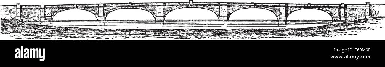 Londra nuovo ponte sul Fiume Tamigi a Londra, vintage disegno della linea di incisione o illustrazione. Illustrazione Vettoriale