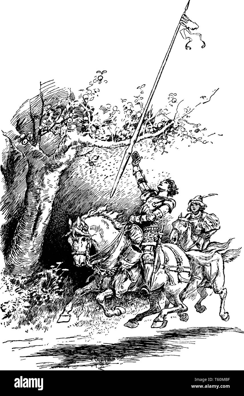 Un cavaliere in sella ad un cavallo e tenendo una lancia, vintage disegno della linea di incisione o illustrazione Illustrazione Vettoriale