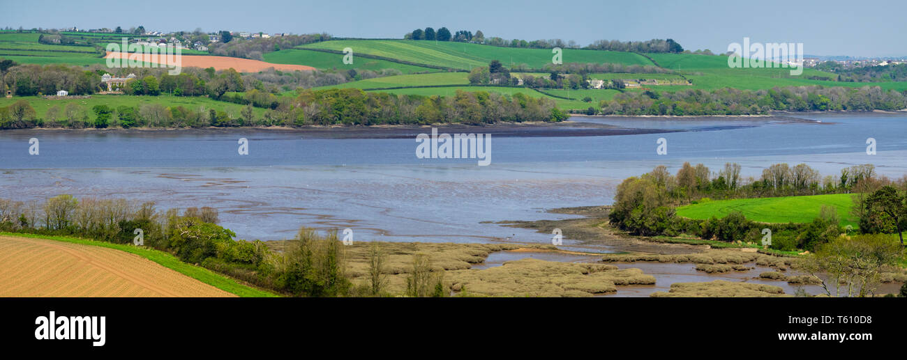 Vista panoramica del fiume Lynher estuario a bassa marea in Cornwall, Regno Unito nella primavera del 2019 Foto Stock