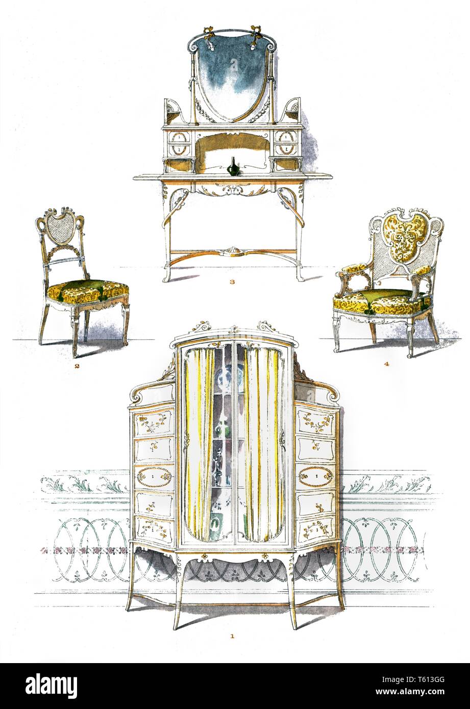 Lounge, dettagli: 1 Arte armadio 2 Sedia 3 piccolo pezzo di arredamento Poltrona 4. Vintage Art Nouveau illustrazione dagli interni moderni1900 Foto Stock