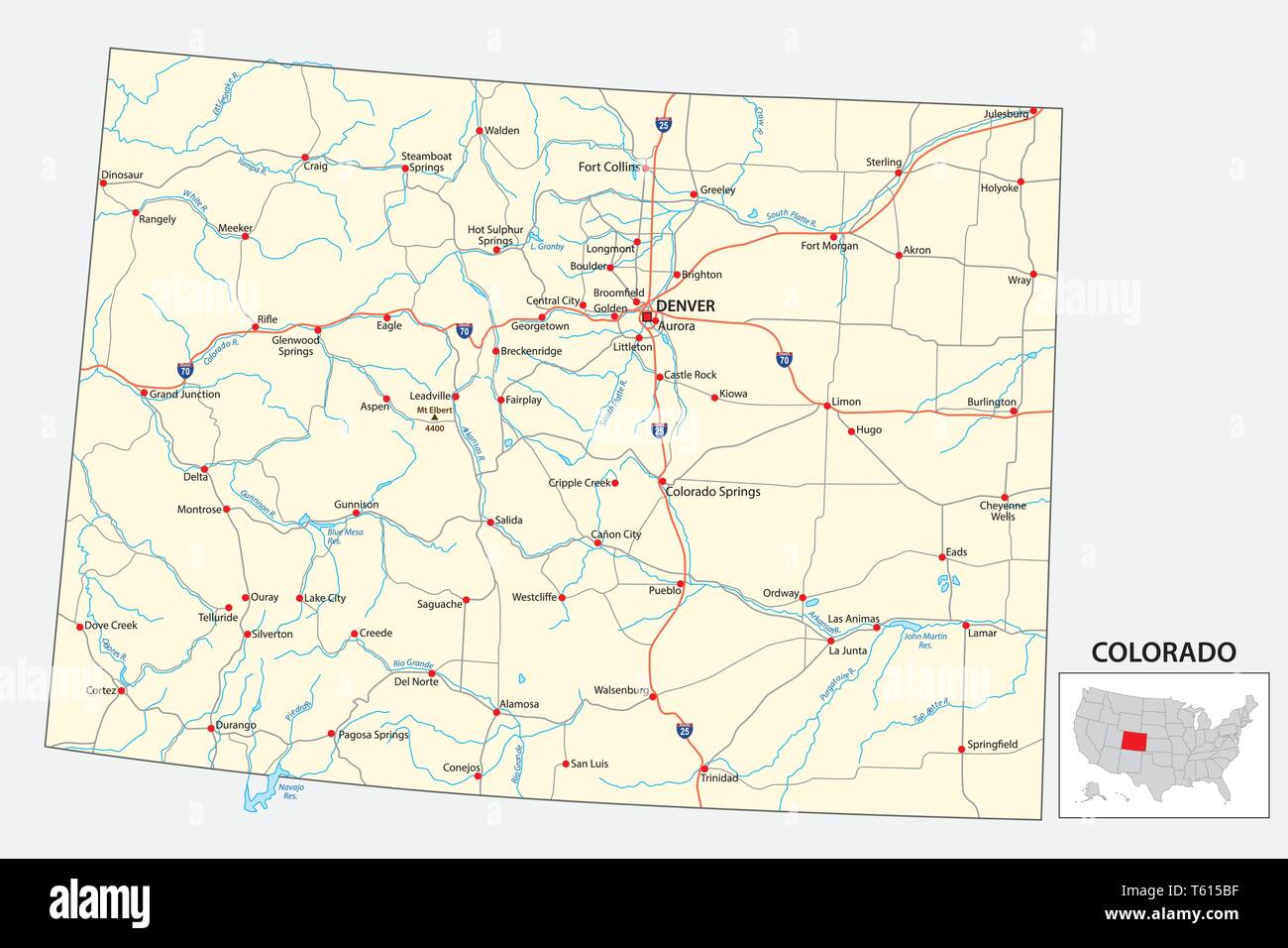 La mappa stradale di Stato americano del Colorado Illustrazione Vettoriale