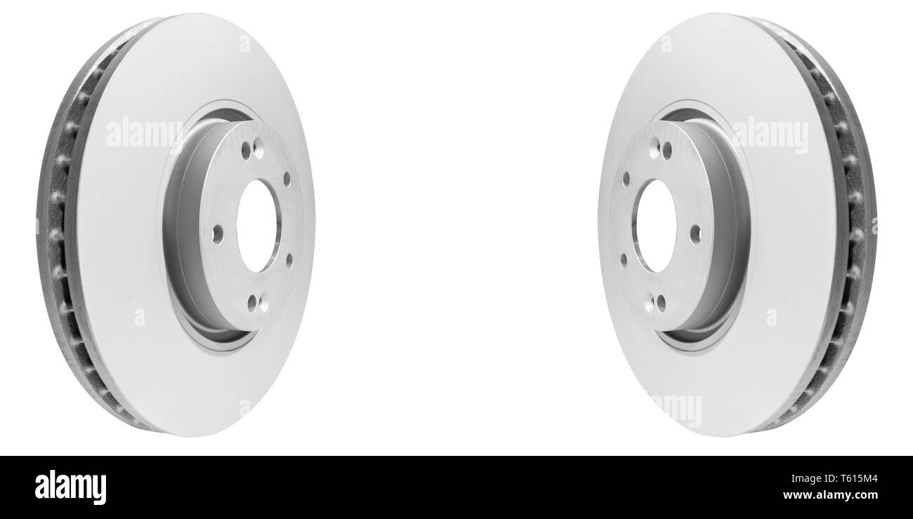 Set di due dischi di freno isolato su sfondo bianco. Ricambi per auto. Il disco del freno rotore isolato su bianco. Auto parte. Dettagli auto. Parti di ricambio. Nero e wh Foto Stock