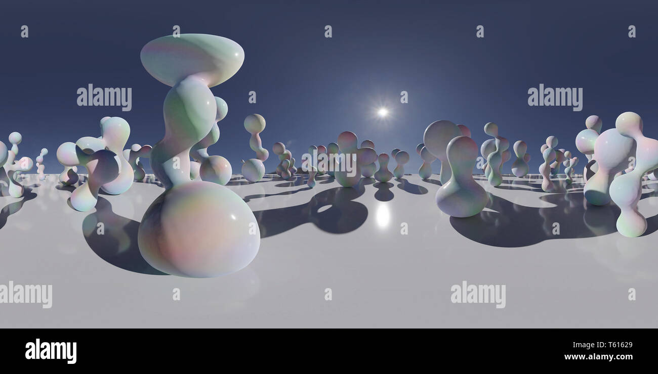 HDRI environment map, sferica panorama sullo sfondo, la sorgente di luce il rendering con oggetti astratti e sky (3D render equirettangolare) Foto Stock