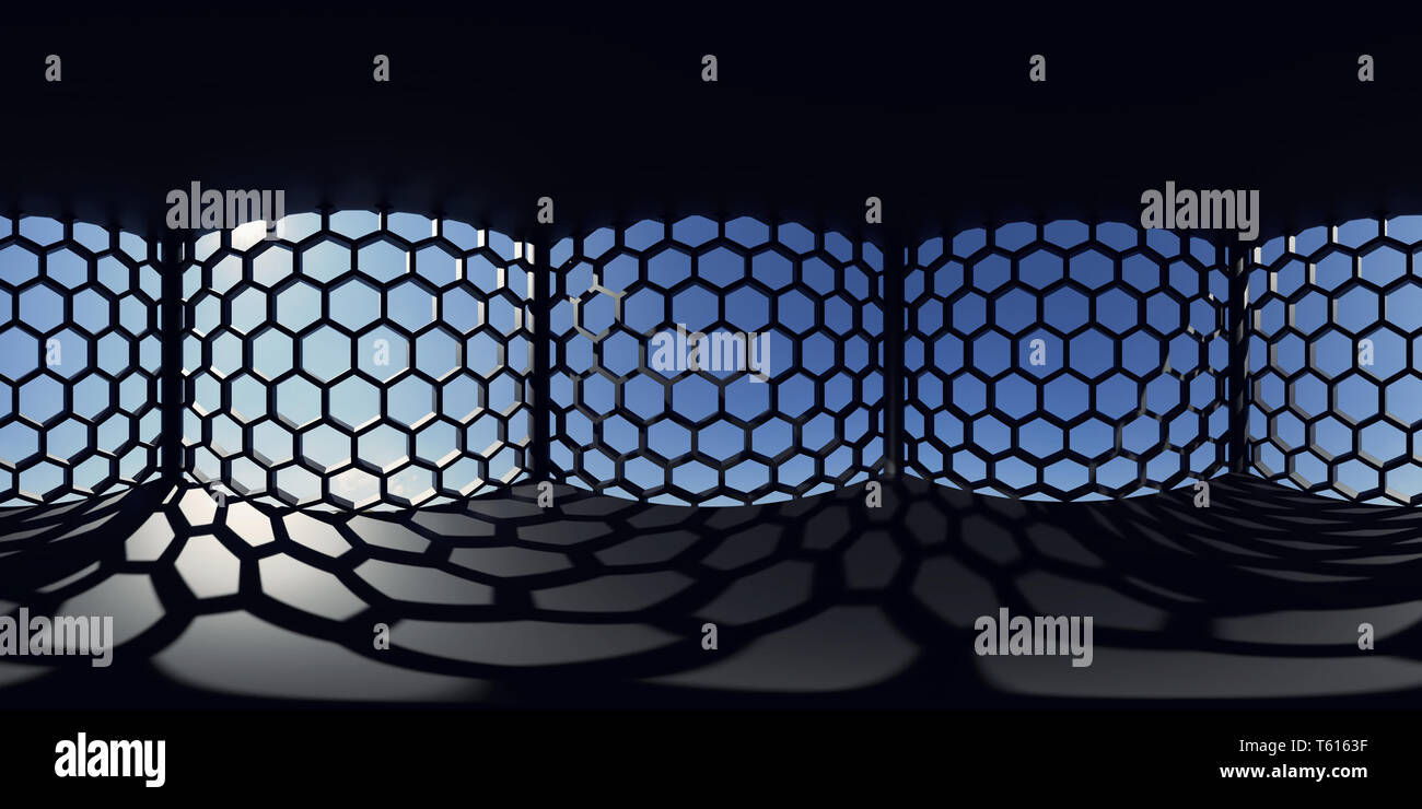 HDRI environment map, astratto panorama sferica sfondo, luce interna il rendering di sorgente con configurazione esagonale windows e cielo blu (3d rendering) Foto Stock