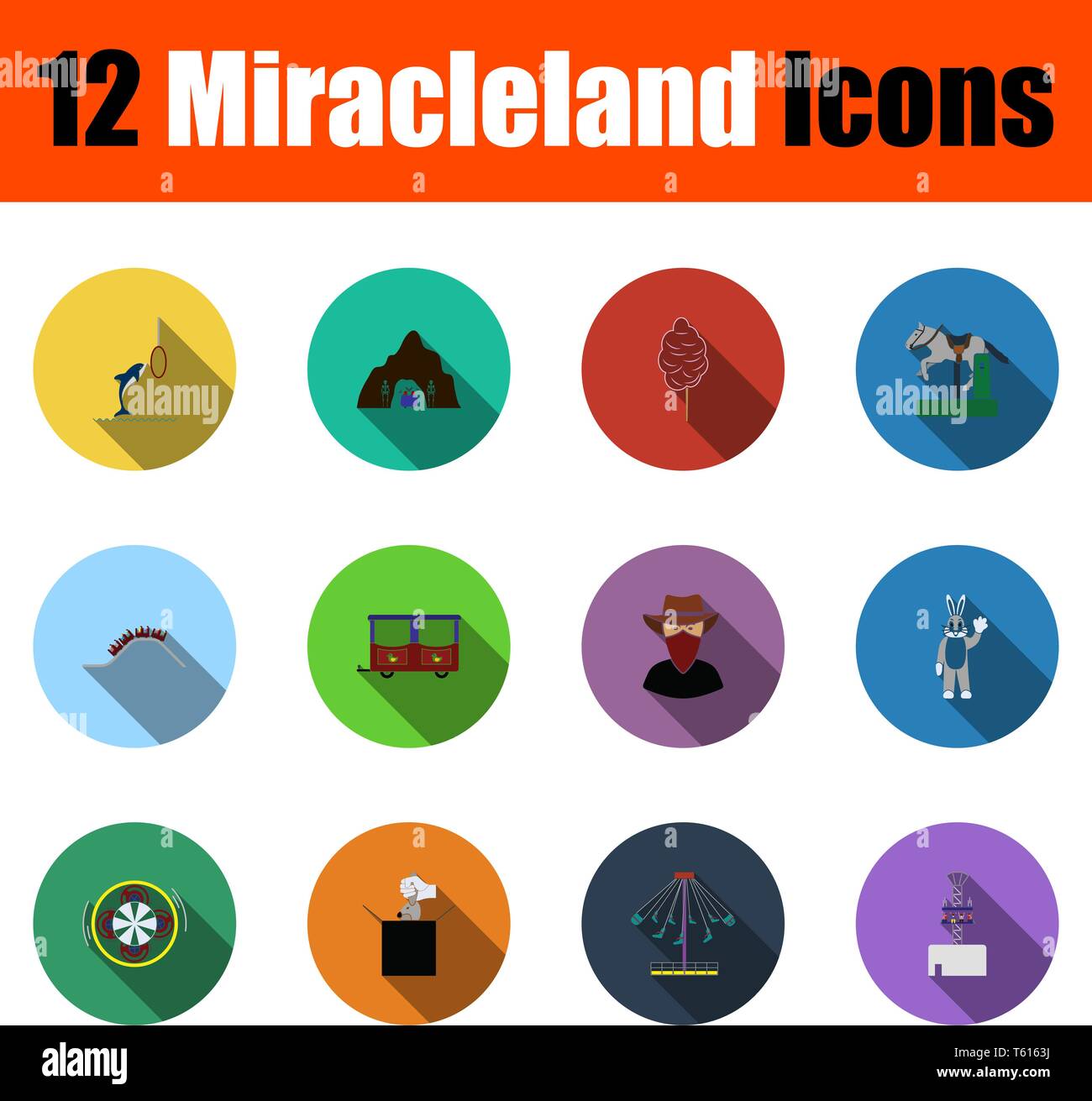 Set di icone Miracleland. Full Color Design piatto con lunga ombra. Illustrazione Vettoriale. Illustrazione Vettoriale