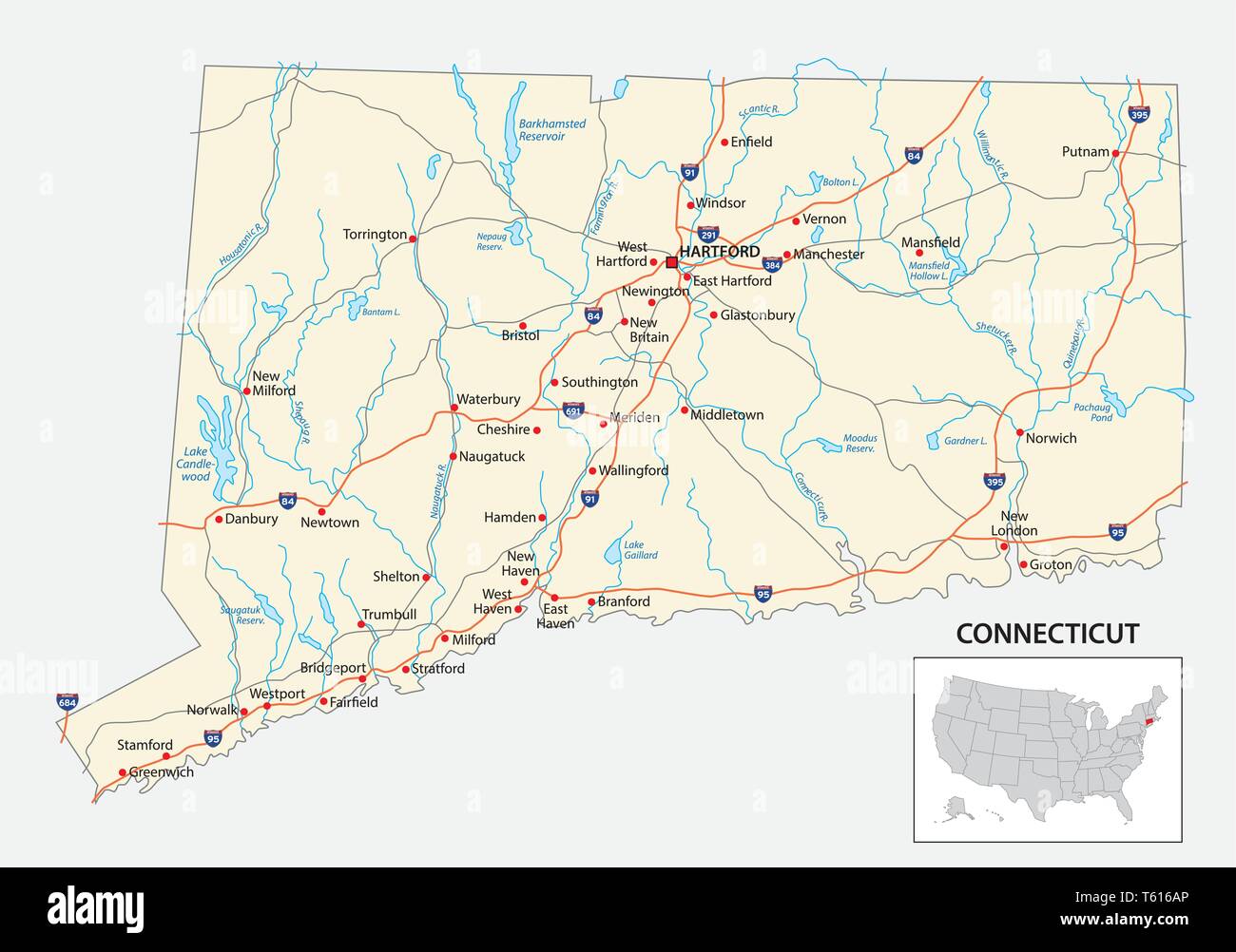 La mappa stradale di Stato americano del Connecticut Illustrazione Vettoriale