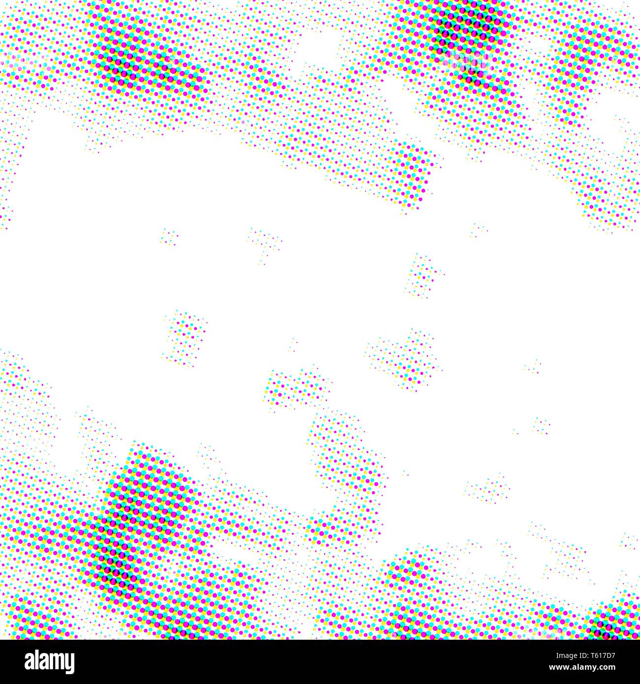 CMYK brillante grunge i punti dei mezzitoni, disegno quadrato isolato su bianco Illustrazione Vettoriale