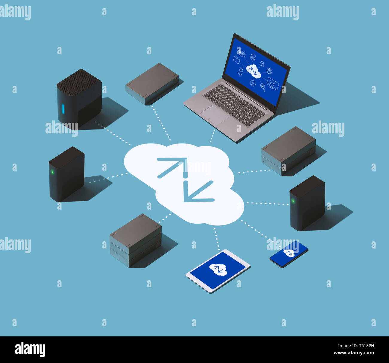 La trasmissione dei dati, cloud di storage dei dati e soluzione di hosting infografico isometrica Foto Stock