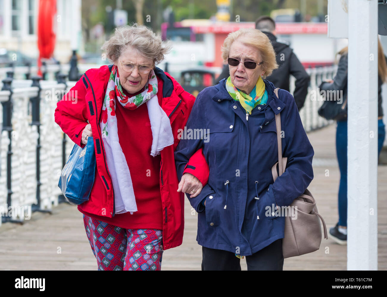 Coppia di donne senior di camminare al di fuori di bracci di collegamento. Anziani amici di sesso femminile con le braccia legate. Senior di amicizia. Foto Stock