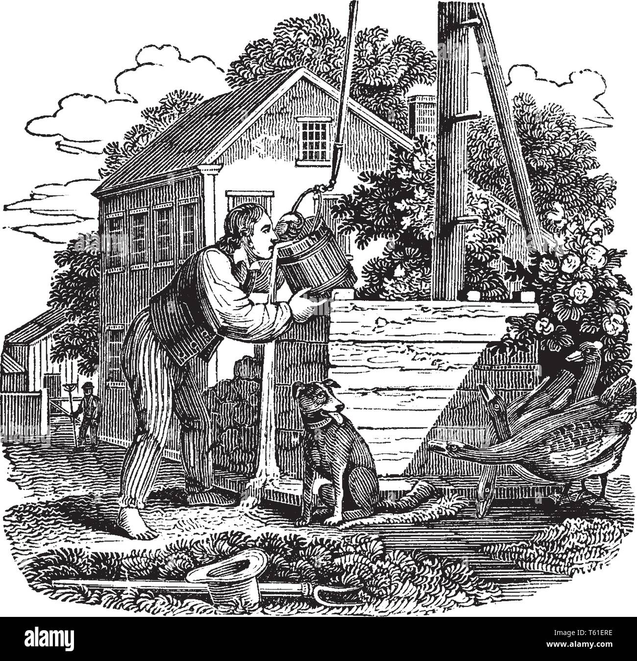 Un uomo di bere acqua dal bene, vintage disegno della linea di incisione o illustrazione Illustrazione Vettoriale