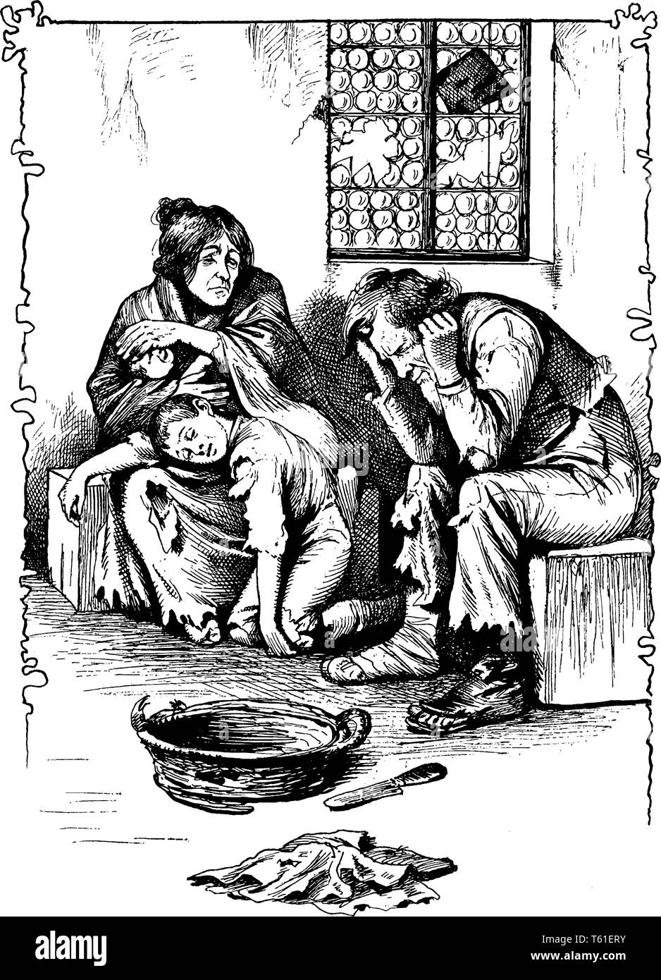 Un uomo, donna e bambino seduto nella triste umore simile famiglia senzatetto, vintage disegno della linea di incisione o illustrazione Illustrazione Vettoriale