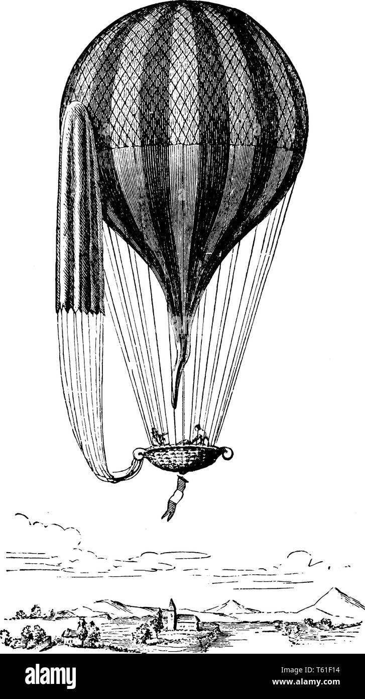 Palloncino con auto e paracadute che è sostenuta dai cavi collegati a una rete che copre tutta la metà superiore del palloncino, vintage disegno della linea o Illustrazione Vettoriale