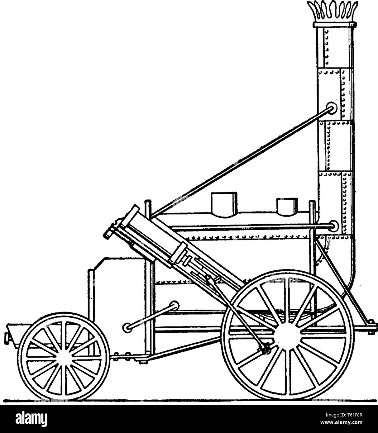 Il razzo è stato un inizio di locomotiva a vapore di 0 2 2 disposizione delle ruote, vintage disegno della linea di incisione o illustrazione. Illustrazione Vettoriale