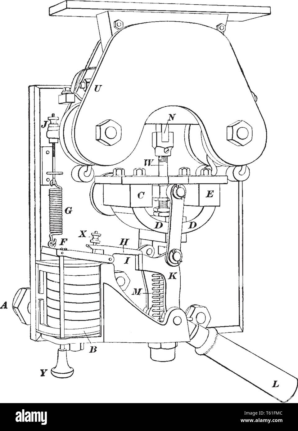 Interruttore di circuito come quelle presenti su una linea ferroviaria del centralino che è utilizzato per commutare il circuito di un campo magnetico su on e off, vintage drawi linea Illustrazione Vettoriale