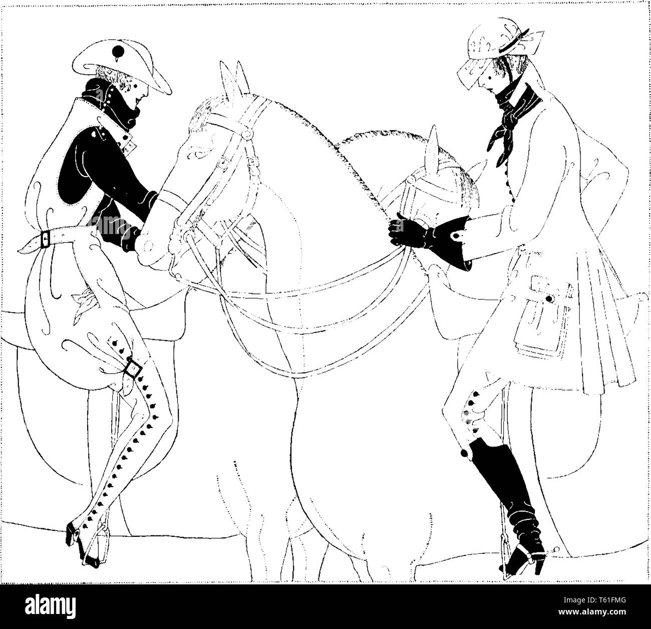 Due donne Equitazione su cavalli, vintage disegno della linea di incisione o illustrazione Illustrazione Vettoriale