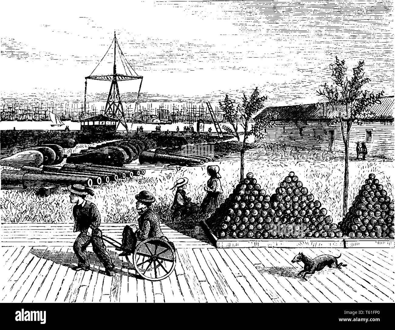 Cantiere Dock si trova nel cantiere navale di Brooklyn, vintage disegno della linea di incisione o illustrazione. Illustrazione Vettoriale