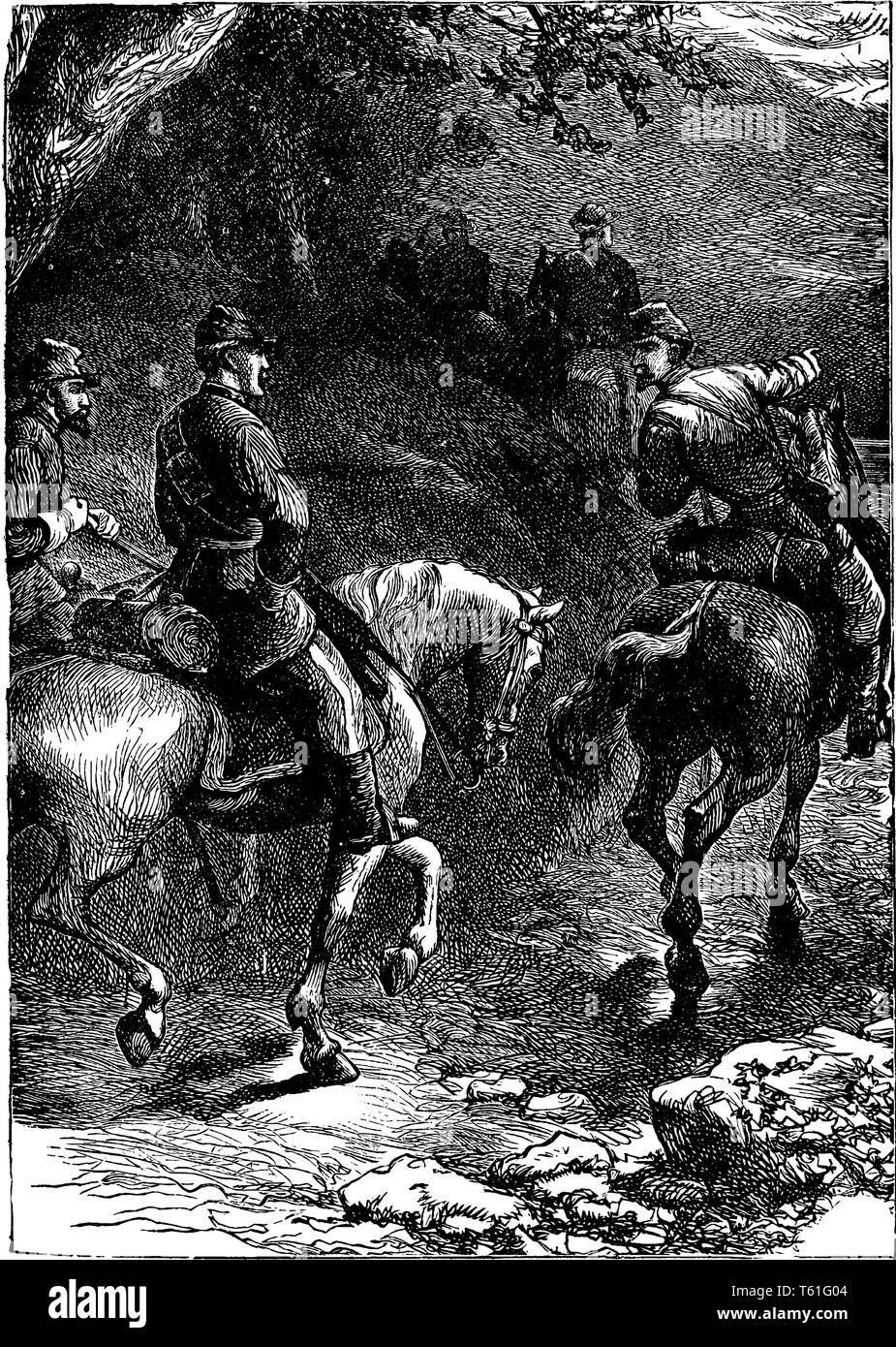 Gli uomini su Horsees dove i soldati a cavallo, vintage disegno della linea di incisione o illustrazione. Illustrazione Vettoriale