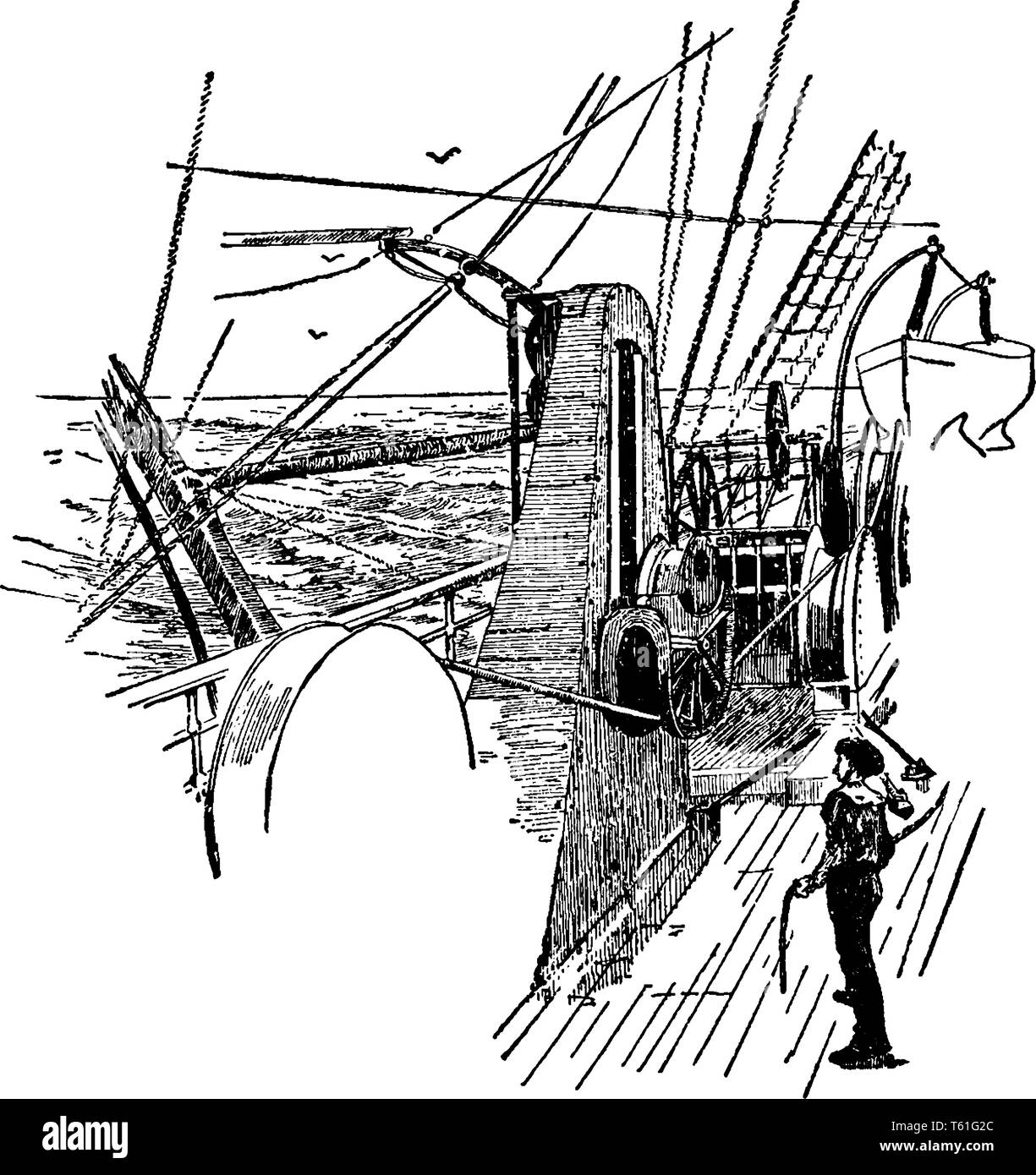 Pagando il cavo l'atto o il funzionamento di consentire un cavo cavo o fune di essere tirato o estratto, vintage disegno della linea di incisione o illustrazione. Illustrazione Vettoriale