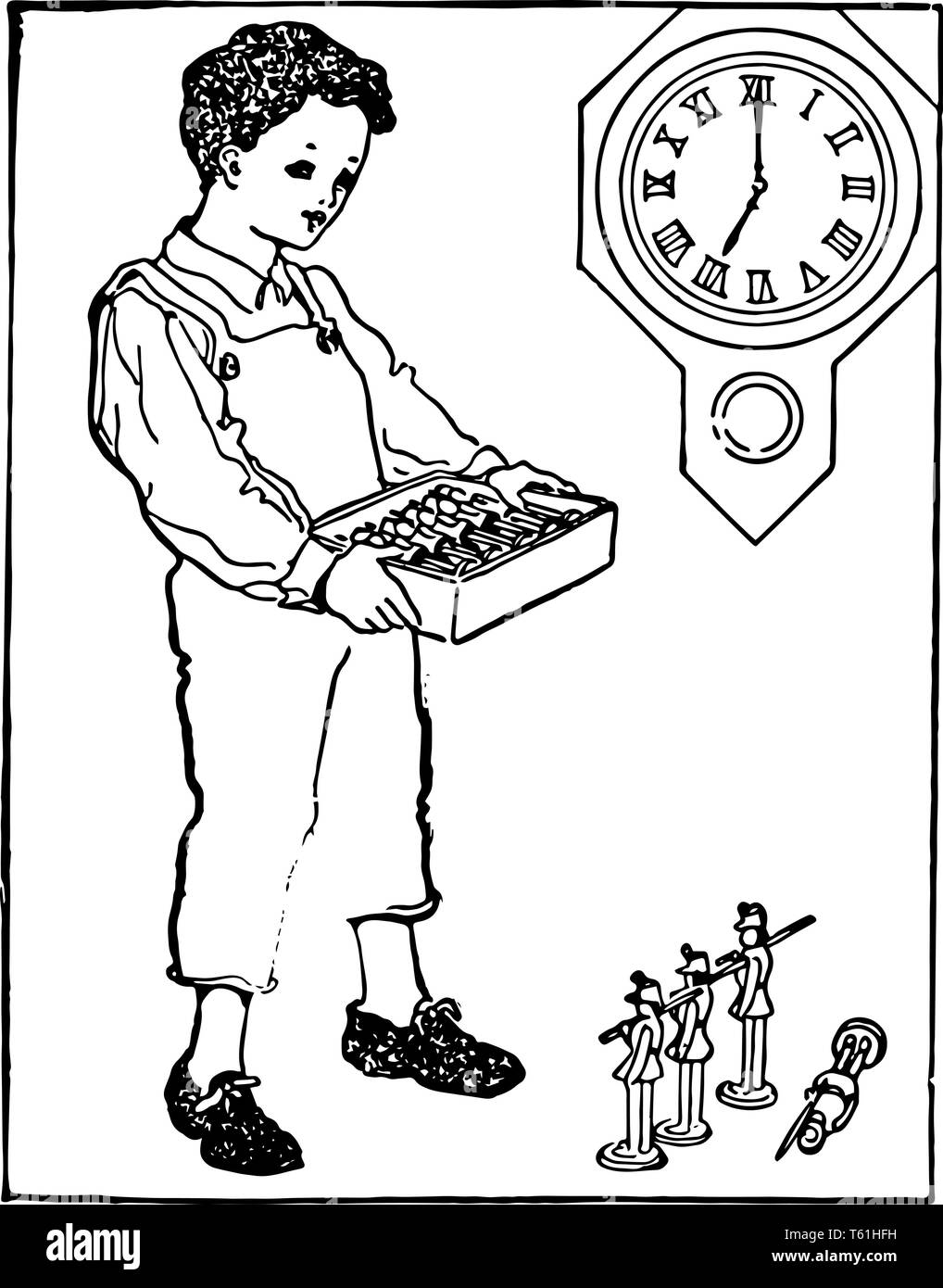 Un bambino in possesso di una scatola piena di giocattoli e di alcuni giocattoli sono messi a terra. Un orologio da parete dietro di lui che mostra tempo come 7:00, vintage disegno della linea o engra Illustrazione Vettoriale