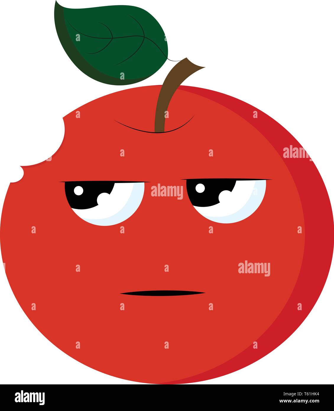 Un arrabbiato red apple con gli occhi scintillanti, foglie verde e una piccola porzione morso, il vettore, il colore di disegno o illustrazione. Illustrazione Vettoriale