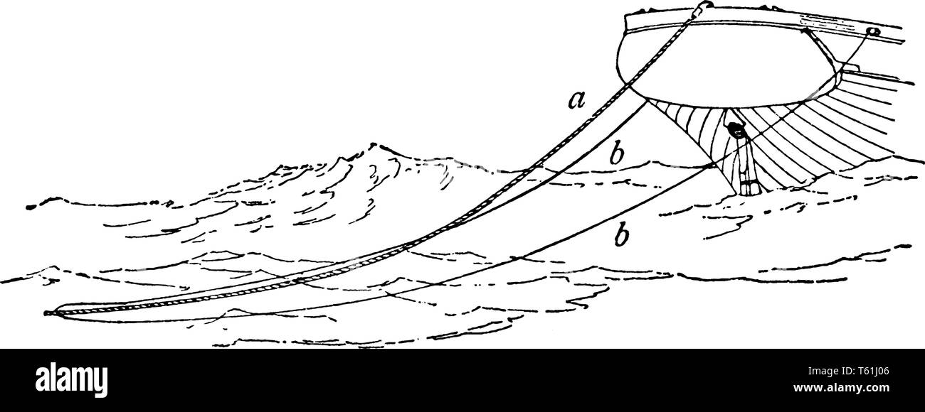 Hawser timone è un termine nautico per uno spessore del cavo o fune usata in ormeggio o il traino di una nave, vintage disegno della linea di incisione o illustrazione. Illustrazione Vettoriale
