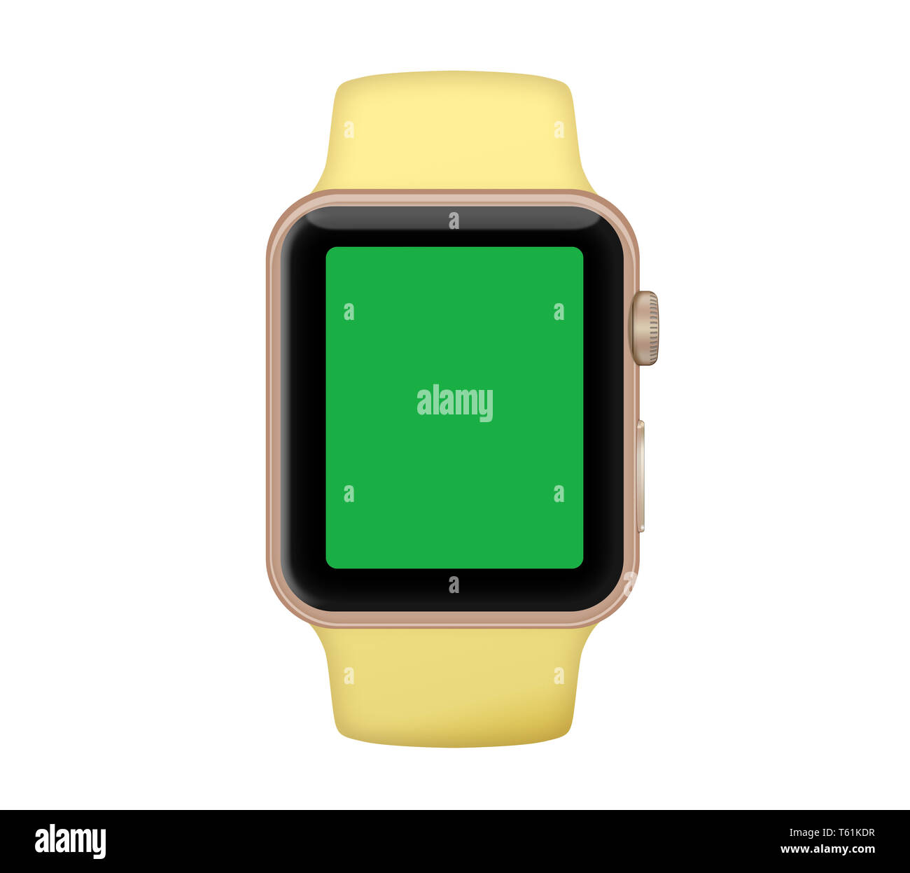 Oro isolate case in alluminio smart watch e polline fascia gialla con schermo verde Foto Stock