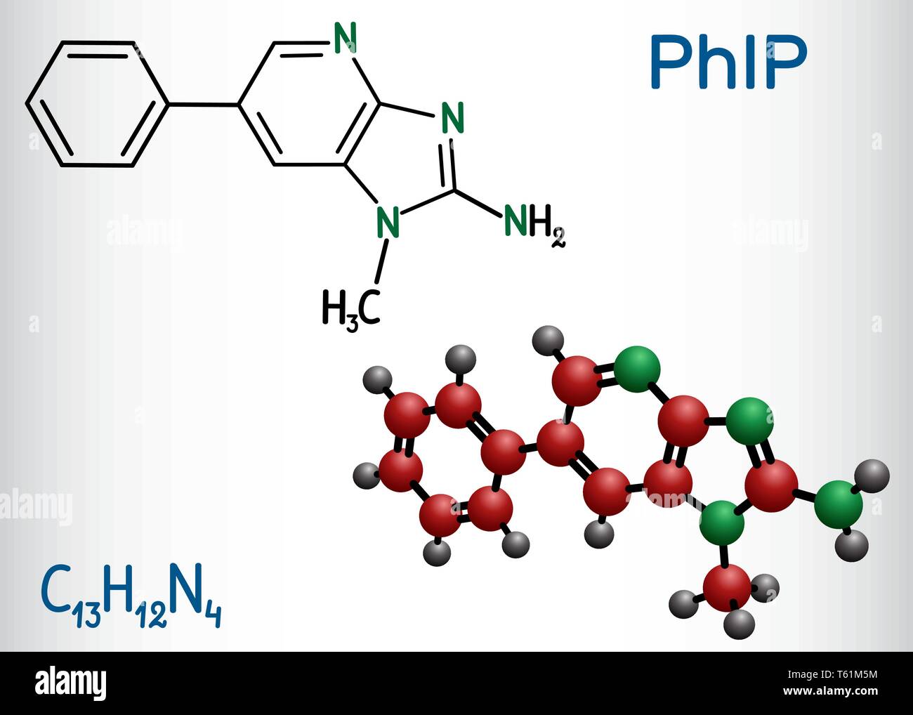 PhIP ( 2-ammino-1-metil-6-phenylimidazo(4,5-b)piridina molecola). È una delle ammine eterocicliche (HCA) nella carne cotta. Formula chimica di struttura Illustrazione Vettoriale