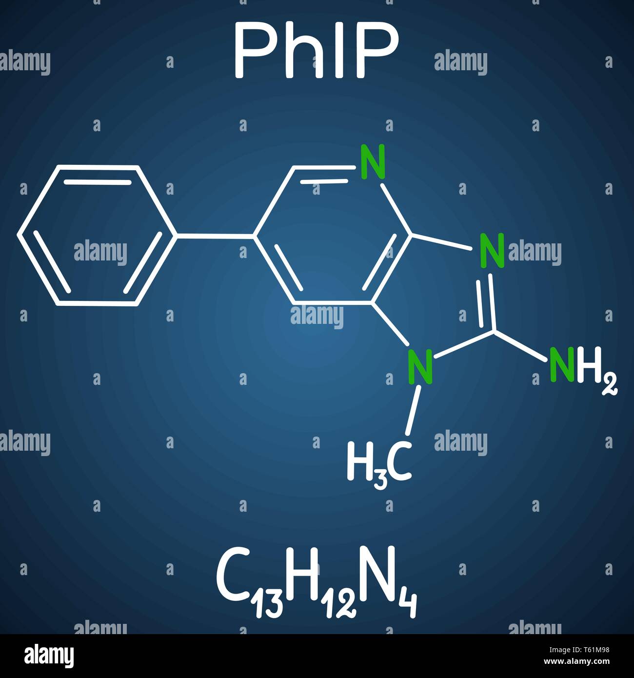 PhIP ( 2-ammino-1-metil-6-phenylimidazo(4,5-b)piridina molecola). Formula chimica di struttura e modello di molecola su sfondo blu scuro. Vettore i Illustrazione Vettoriale