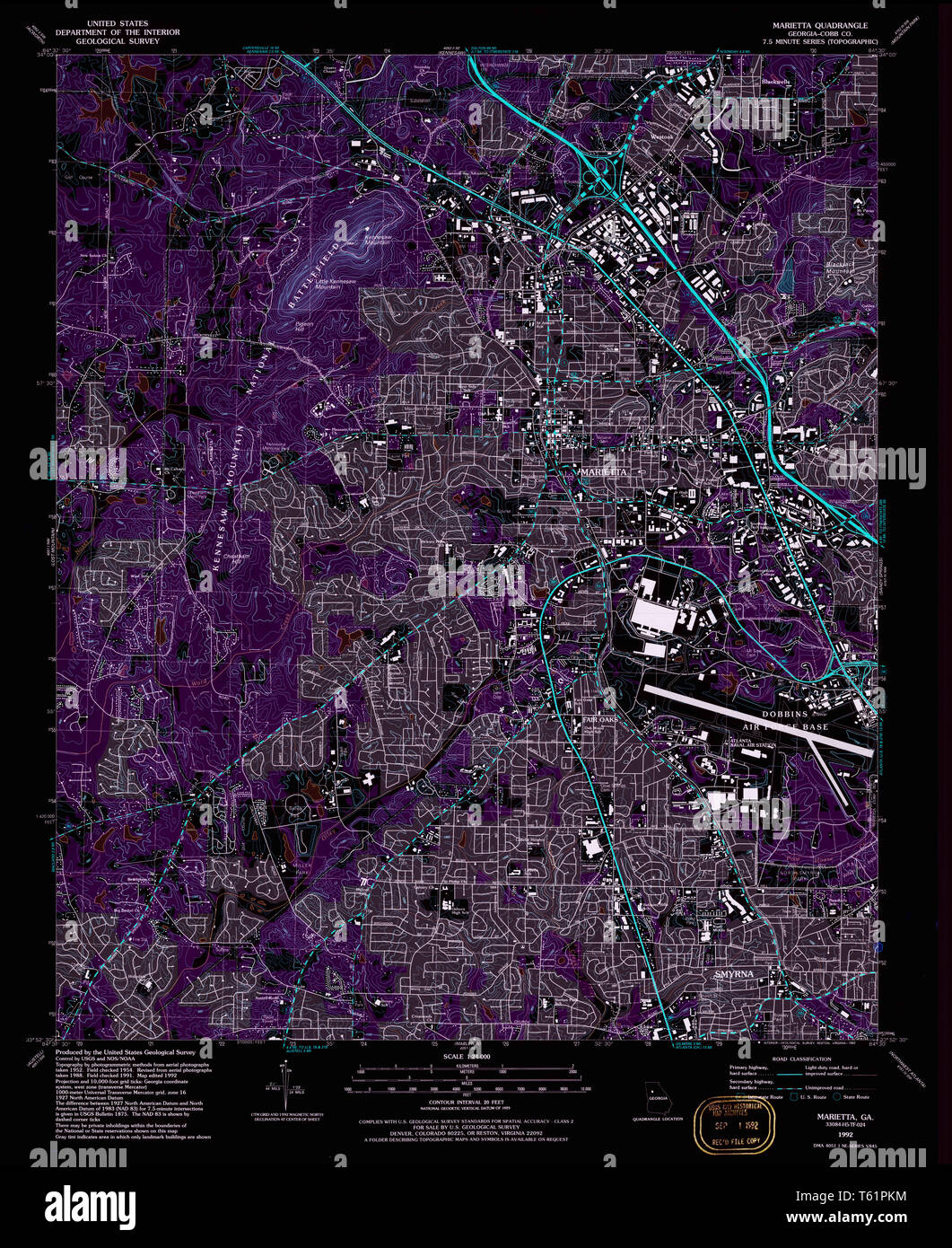 USGS TOPO Map Georgia GA Marietta 246292 1992 24000 Restauro invertito Foto Stock