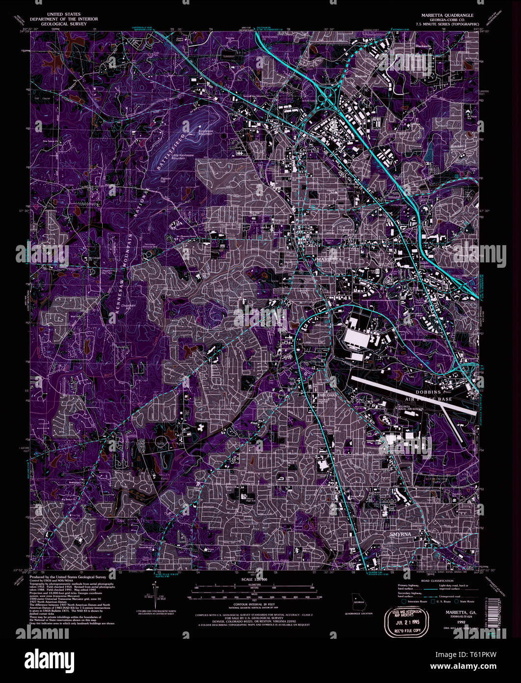 USGS TOPO Map Georgia GA Marietta 246293 1992 24000 Restauro invertito Foto Stock