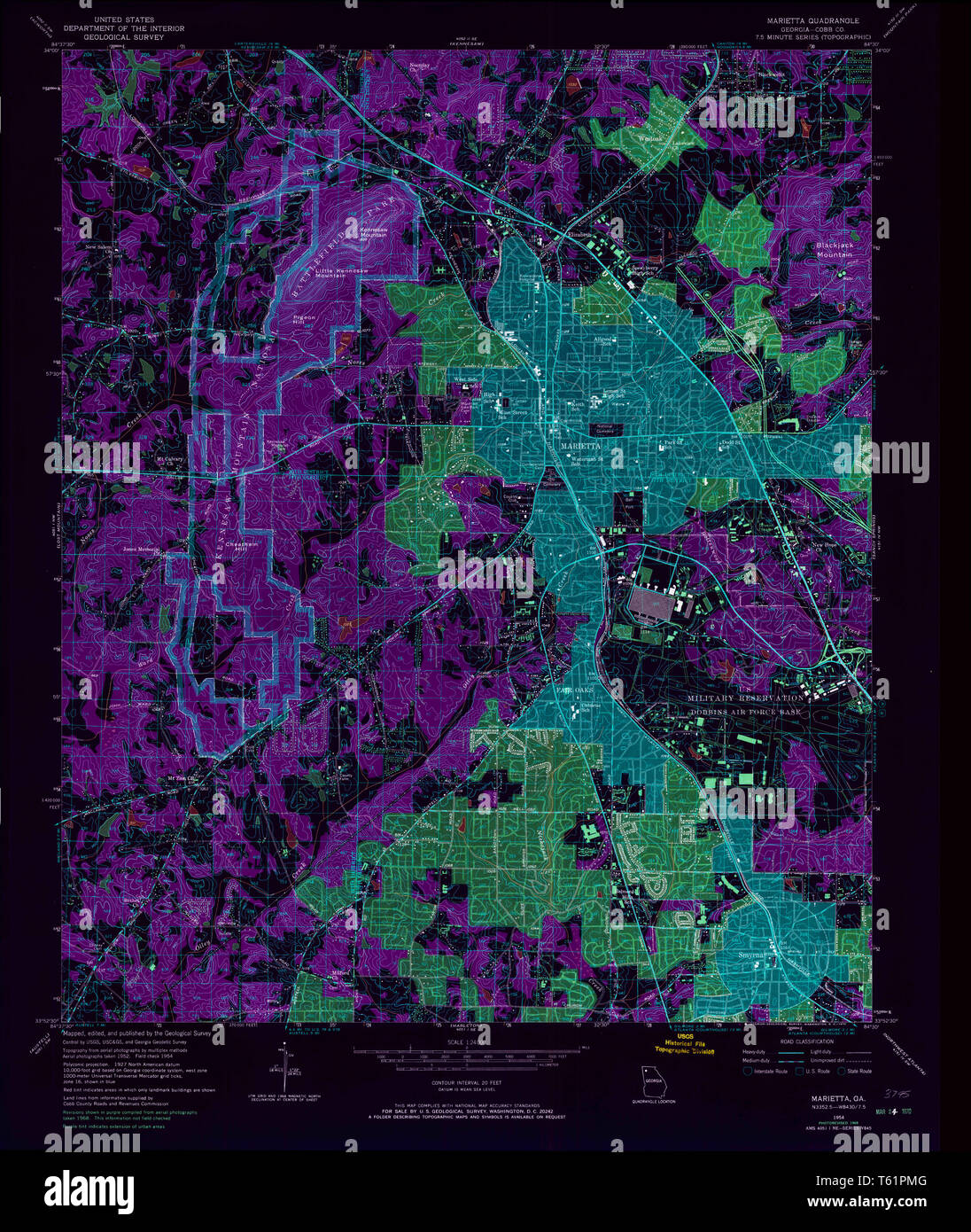 USGS TOPO Map Georgia GA Marietta 246296 1954 24000 Restauro invertito Foto Stock