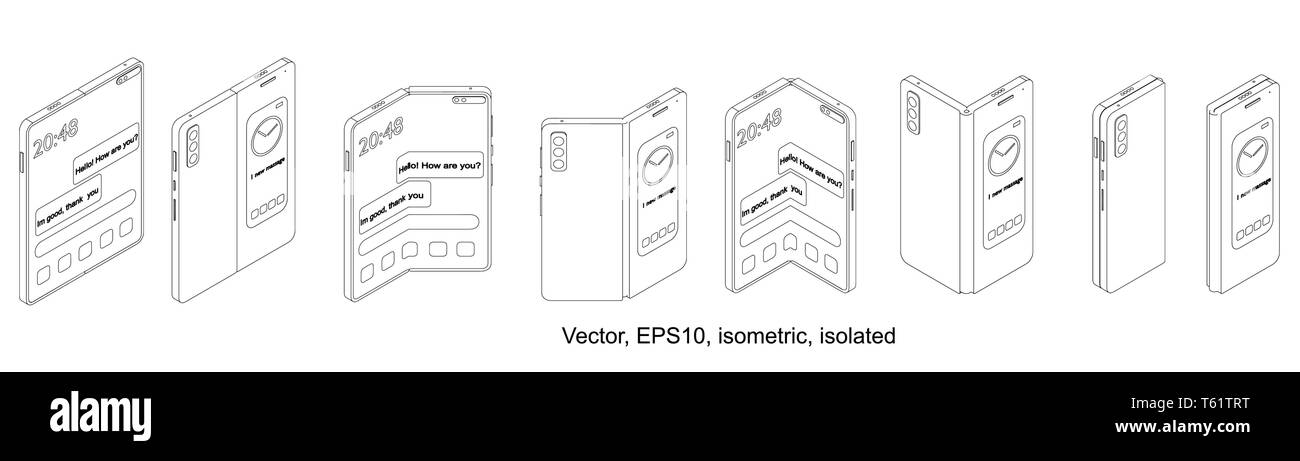 SmartPhone tablet con schermo pieghevole. Piegare smart phone. Il vettore isolato su sfondo bianco, EPS 10. Illustrazione Vettoriale