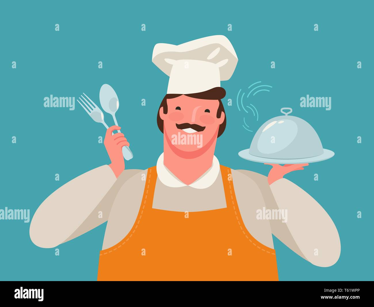 Lo chef Felice Tiene un vassoio di cibo. Ristorante, cartoon illustrazione vettoriale Illustrazione Vettoriale