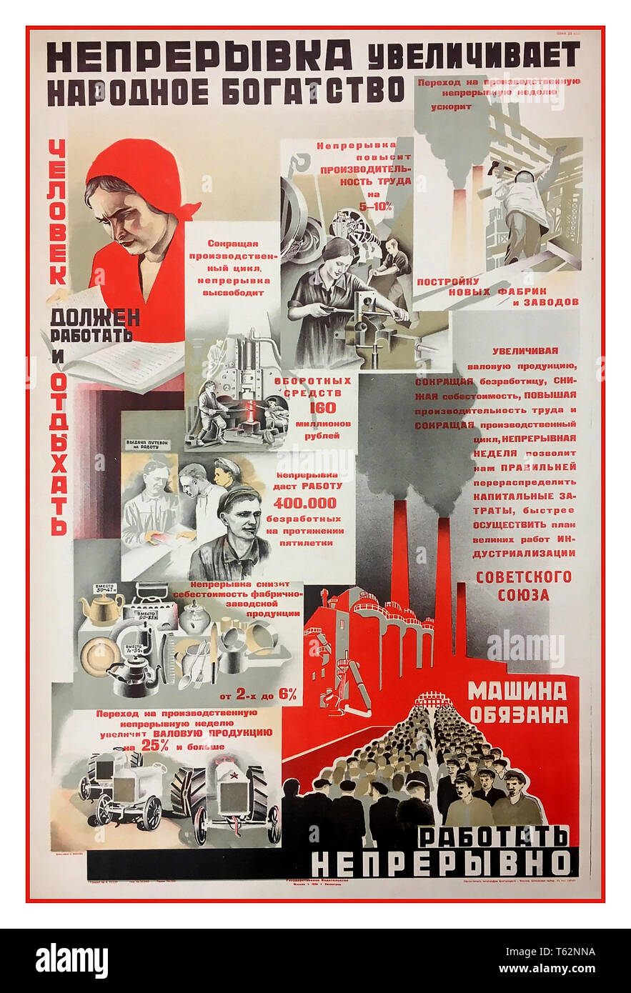 Vintage Soviet russo URSS poster di propaganda 1930. "La continuità aumenta la ricchezza del popolo". Foto Stock