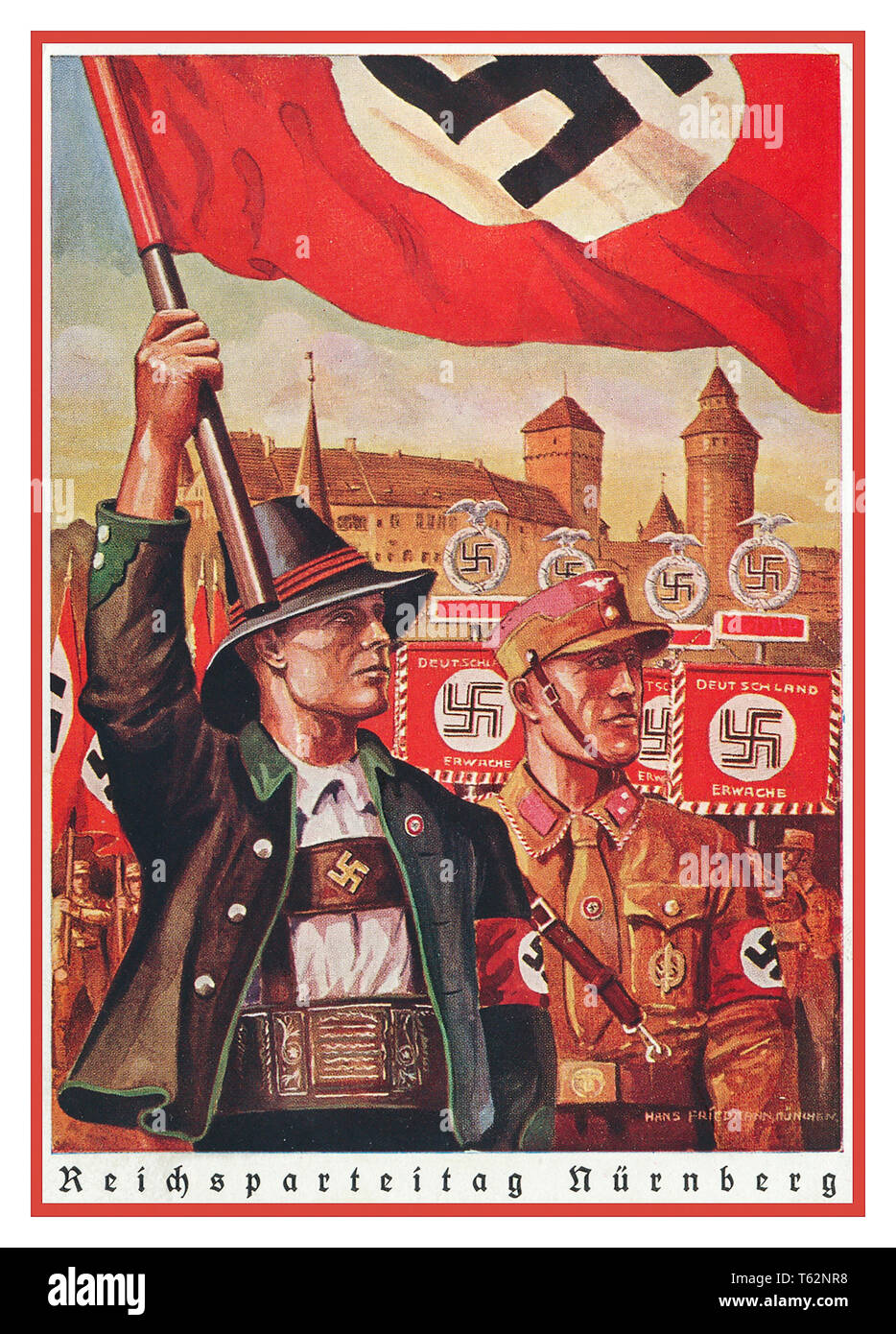 Vintage degli anni trenta Propaganda nazista cartolina REICHSPARTEITAG poster che illustrano Norimberga bandiere con la svastica banner con tradizionale uomo tedesco in stile bavarese abbigliamento e marrone camicia guardia nazista dietro a Norimberga NSDAP rally partito situazione della convenzione Foto Stock