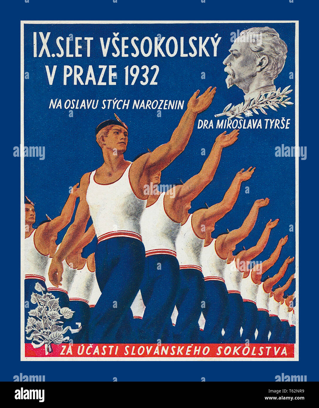 L'annata 1930 Repubblica Ceca Sport poster di promozione '9 Tutti Sokol Rally' a Praga 1932 Il poster onori Miroslav Tyrs chi era la chiave di avviamento del concetto di esercizio di massa per stimolare un concetto di mindfulness nazionale. Il SOKOL Programmi. Foto Stock